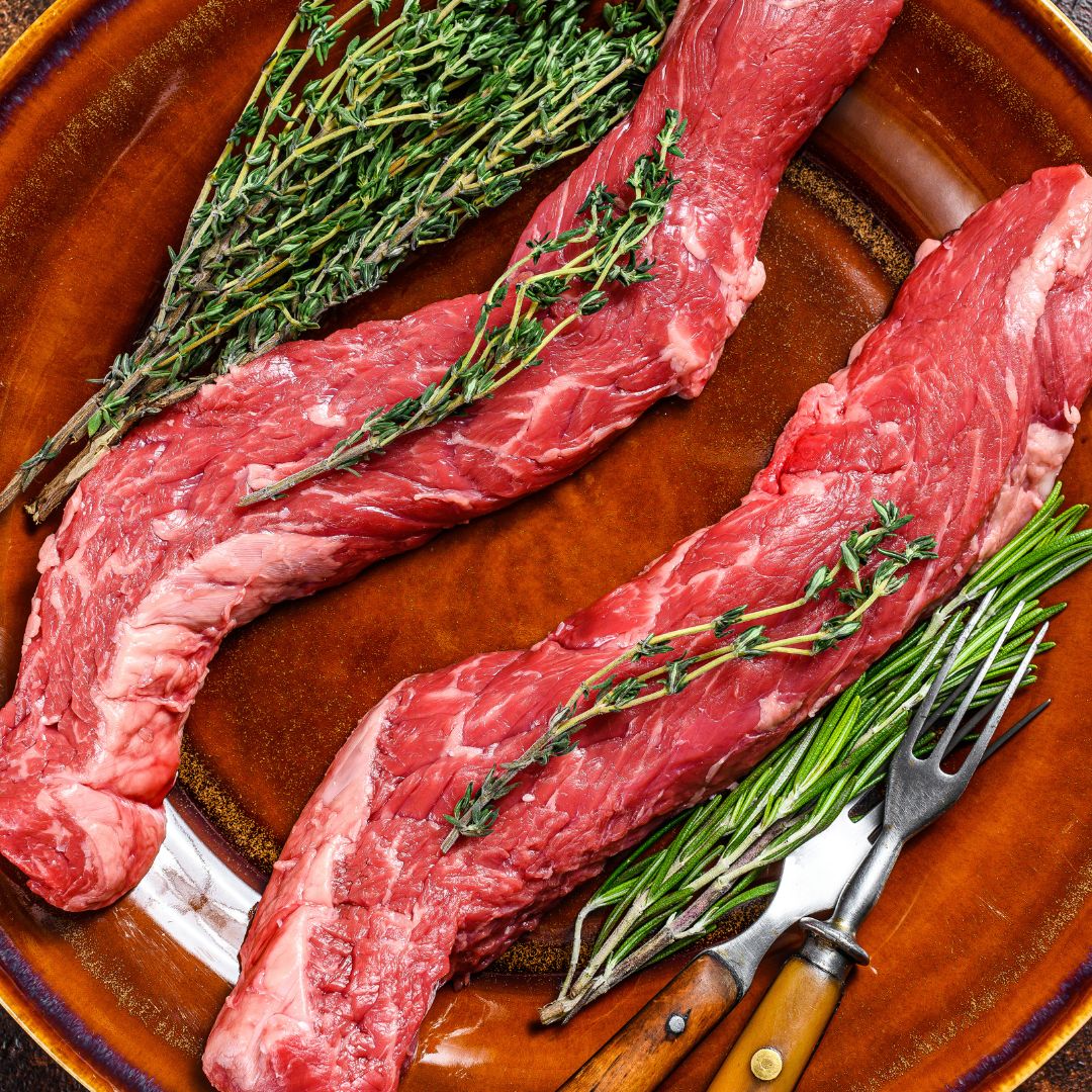 Skirt steak with marbling from grass-fed grain-finished beef