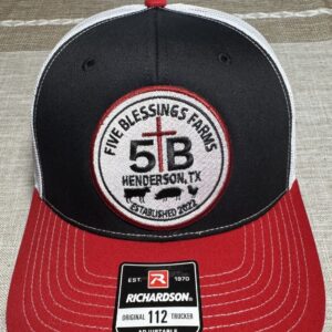 Red, Black, and White Trucker's Hat from Five Blessings Farms
